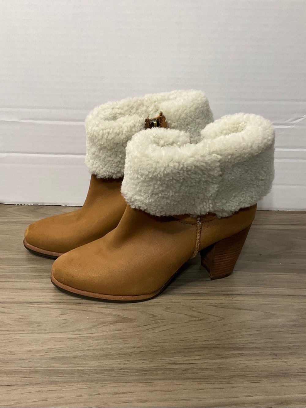 UGG Tan Ankle Boots with Cream Shearling Cuff
